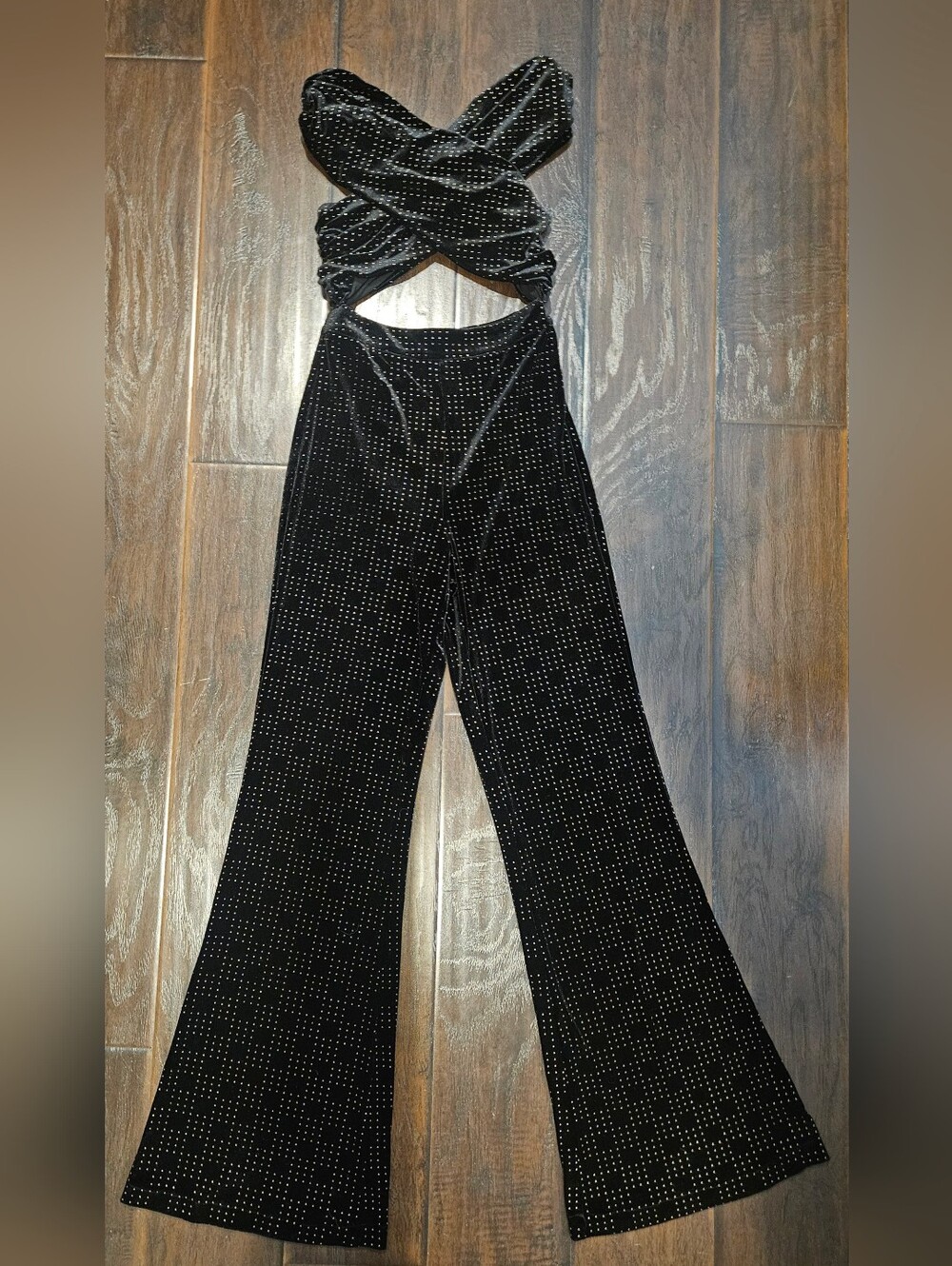 Revolve Black Velvet With Gold Embelishment Flare Jumpsuit